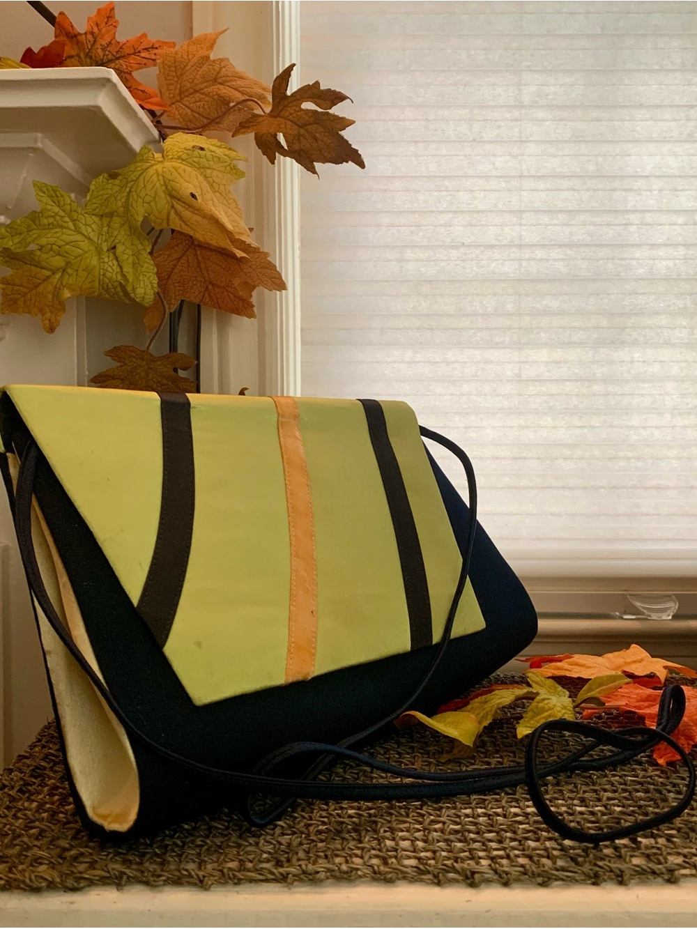 Vintage Midnight Velvet Colorblock Envelope Shoulder Bag Chartreuse Green Black